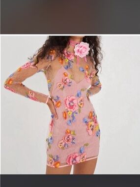 Floral Pink Mesh Mini Dress with Embroidered Appliqués